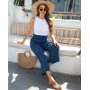 imagesiliteelon Wide Leg Linen Pants for Women Summer Capri Palazzo Flowy Pants Casual Loose High Waist Trousers with PocketsNavy Blue