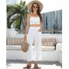 imagesiliteelon Wide Leg Linen Pants for Women Summer Capri Palazzo Flowy Pants Casual Loose High Waist Trousers with PocketsWhite