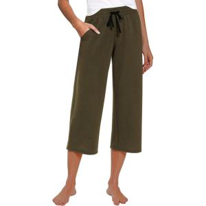 imageRESHE Womens Capri Yoga Pants Loose Soft Drawstring Workout Sweatpants Causal Lounge Pants with PocketsAarmy Green
