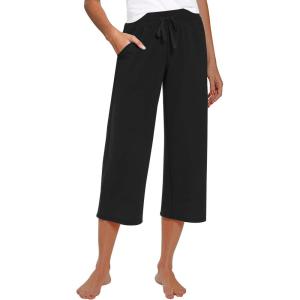 imageRESHE Womens Capri Yoga Pants Loose Soft Drawstring Workout Sweatpants Causal Lounge Pants with PocketsAblack