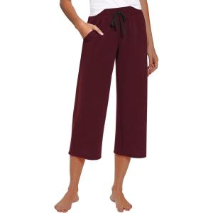 imageRESHE Womens Capri Yoga Pants Loose Soft Drawstring Workout Sweatpants Causal Lounge Pants with PocketsAburgundy