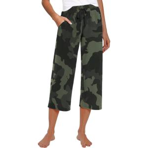 imageRESHE Womens Capri Yoga Pants Loose Soft Drawstring Workout Sweatpants Causal Lounge Pants with PocketsAcamouflage Green