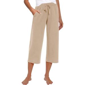 imageRESHE Womens Capri Yoga Pants Loose Soft Drawstring Workout Sweatpants Causal Lounge Pants with PocketsAkhaki
