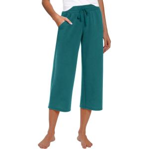 imageRESHE Womens Capri Yoga Pants Loose Soft Drawstring Workout Sweatpants Causal Lounge Pants with PocketsApeacock Blue