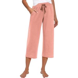 imageRESHE Womens Capri Yoga Pants Loose Soft Drawstring Workout Sweatpants Causal Lounge Pants with PocketsPinka