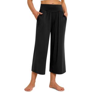 imagesiliteelon Wide Leg Capri Pants for Women Lounge Pajama Pants Women Casual Loose Comfy Flowy Palazzo Capris with PocketsBlack