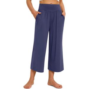 imagesiliteelon Wide Leg Capri Pants for Women Lounge Pajama Pants Women Casual Loose Comfy Flowy Palazzo Capris with PocketsBlue
