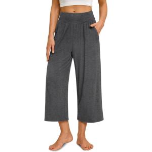 imagesiliteelon Wide Leg Capri Pants for Women Lounge Pajama Pants Women Casual Loose Comfy Flowy Palazzo Capris with PocketsDeep Hemp Gray
