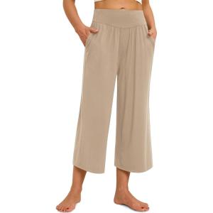 imagesiliteelon Wide Leg Capri Pants for Women Lounge Pajama Pants Women Casual Loose Comfy Flowy Palazzo Capris with PocketsKhaki