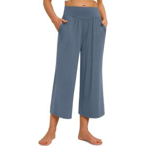 imagesiliteelon Wide Leg Capri Pants for Women Lounge Pajama Pants Women Casual Loose Comfy Flowy Palazzo Capris with PocketsLight Blue