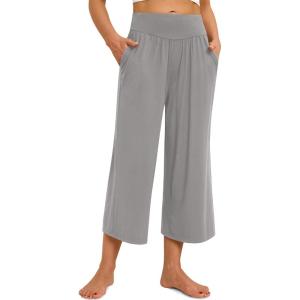 imagesiliteelon Wide Leg Capri Pants for Women Lounge Pajama Pants Women Casual Loose Comfy Flowy Palazzo Capris with PocketsLight Gray