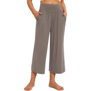 imagesiliteelon Wide Leg Capri Pants for Women Lounge Pajama Pants Women Casual Loose Comfy Flowy Palazzo Capris with PocketsMocha
