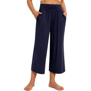 imagesiliteelon Wide Leg Capri Pants for Women Lounge Pajama Pants Women Casual Loose Comfy Flowy Palazzo Capris with PocketsNavy Blue