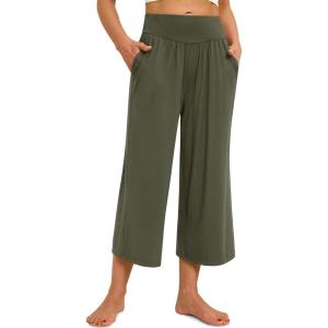 imagesiliteelon Wide Leg Capri Pants for Women Lounge Pajama Pants Women Casual Loose Comfy Flowy Palazzo Capris with PocketsOlive Green