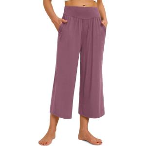imagesiliteelon Wide Leg Capri Pants for Women Lounge Pajama Pants Women Casual Loose Comfy Flowy Palazzo Capris with PocketsVelvet Dust