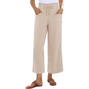 imagesiliteelon Wide Leg Linen Pants for Women Summer Capri Palazzo Flowy Pants Casual Loose High Waist Trousers with PocketsBeige