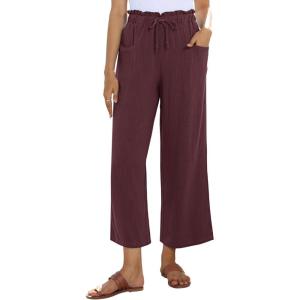 imagesiliteelon Wide Leg Linen Pants for Women Summer Capri Palazzo Flowy Pants Casual Loose High Waist Trousers with PocketsBurgundy