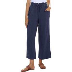 imagesiliteelon Wide Leg Linen Pants for Women Summer Capri Palazzo Flowy Pants Casual Loose High Waist Trousers with PocketsDark Blue