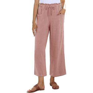 imagesiliteelon Wide Leg Linen Pants for Women Summer Capri Palazzo Flowy Pants Casual Loose High Waist Trousers with PocketsPink