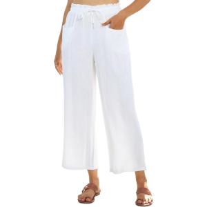 imagesiliteelon Wide Leg Linen Pants for Women Summer Capri Palazzo Flowy Pants Casual Loose High Waist Trousers with PocketsWhite