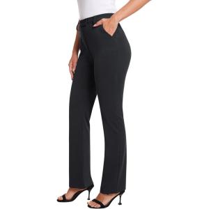 imagesiliteelon Womens Straight Leg Dress Pants Stretchy High Waisted Work Office Trousers Yoga Bootcut Slacks with PocketsBlack