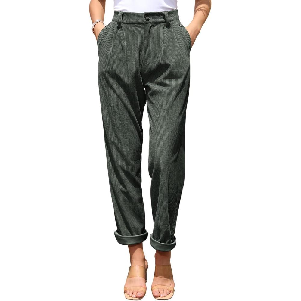 imagesiliteelon Corduroy Pants for Women Cotton Straight High Waist Vintage Trousers with PocketsArmy Green