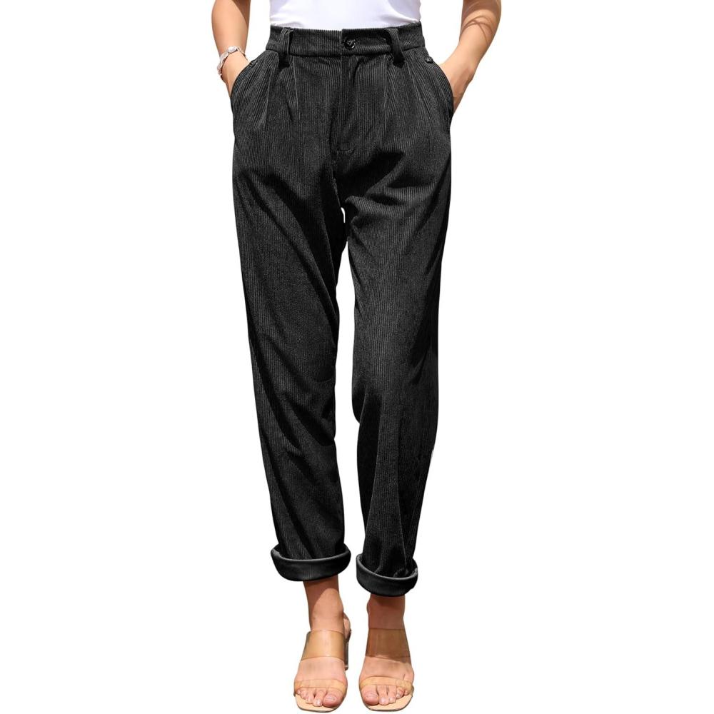 imagesiliteelon Corduroy Pants for Women Cotton Straight High Waist Vintage Trousers with PocketsBlack