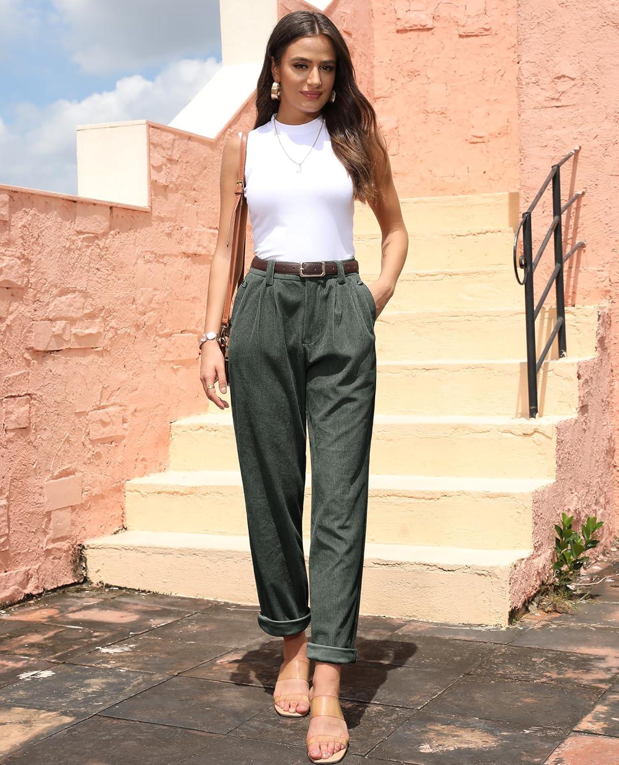 imagesiliteelon Corduroy Pants for Women Cotton Straight High Waist Vintage Trousers with PocketsArmy Green