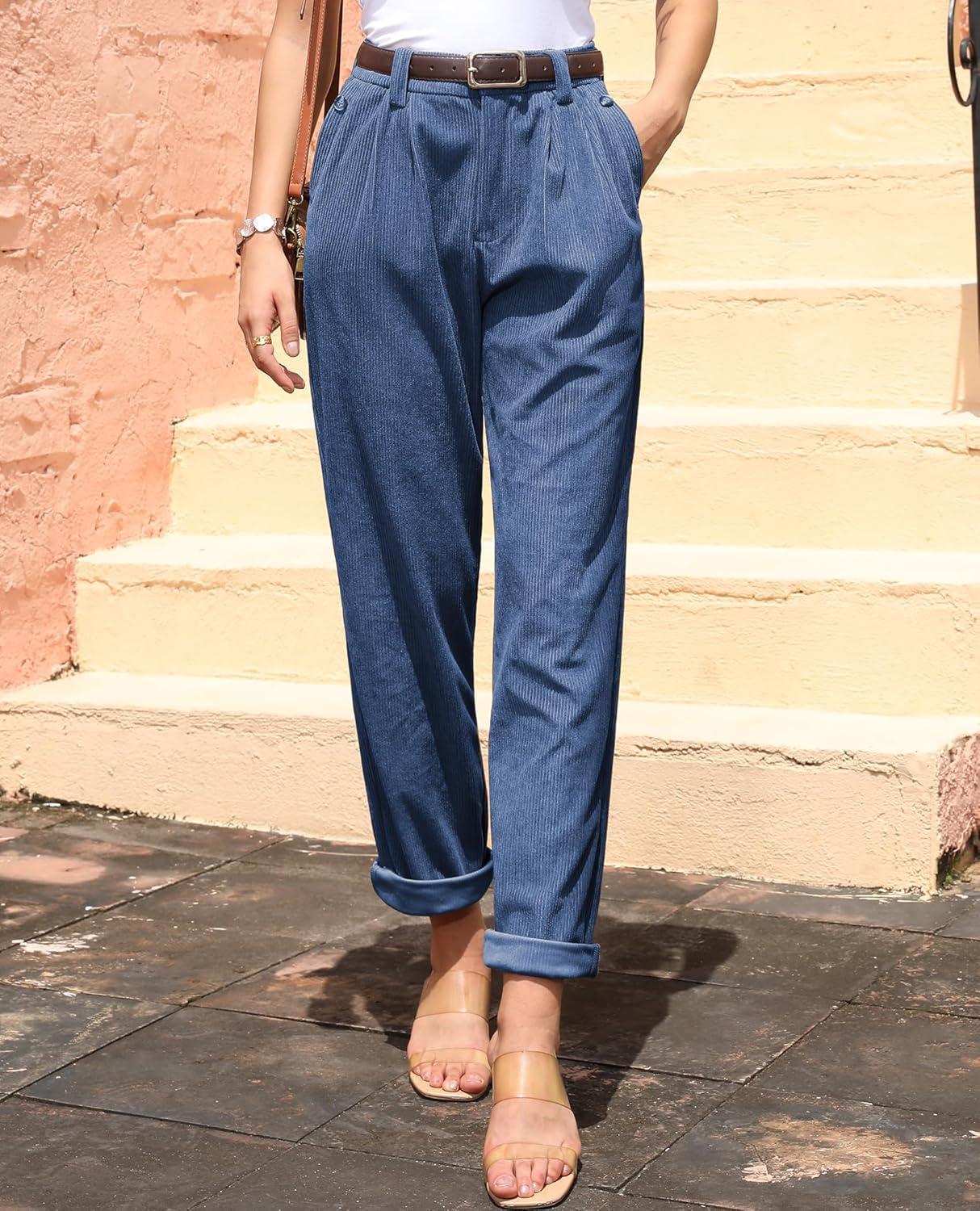 imagesiliteelon Corduroy Pants for Women Cotton Straight High Waist Vintage Trousers with PocketsBlue