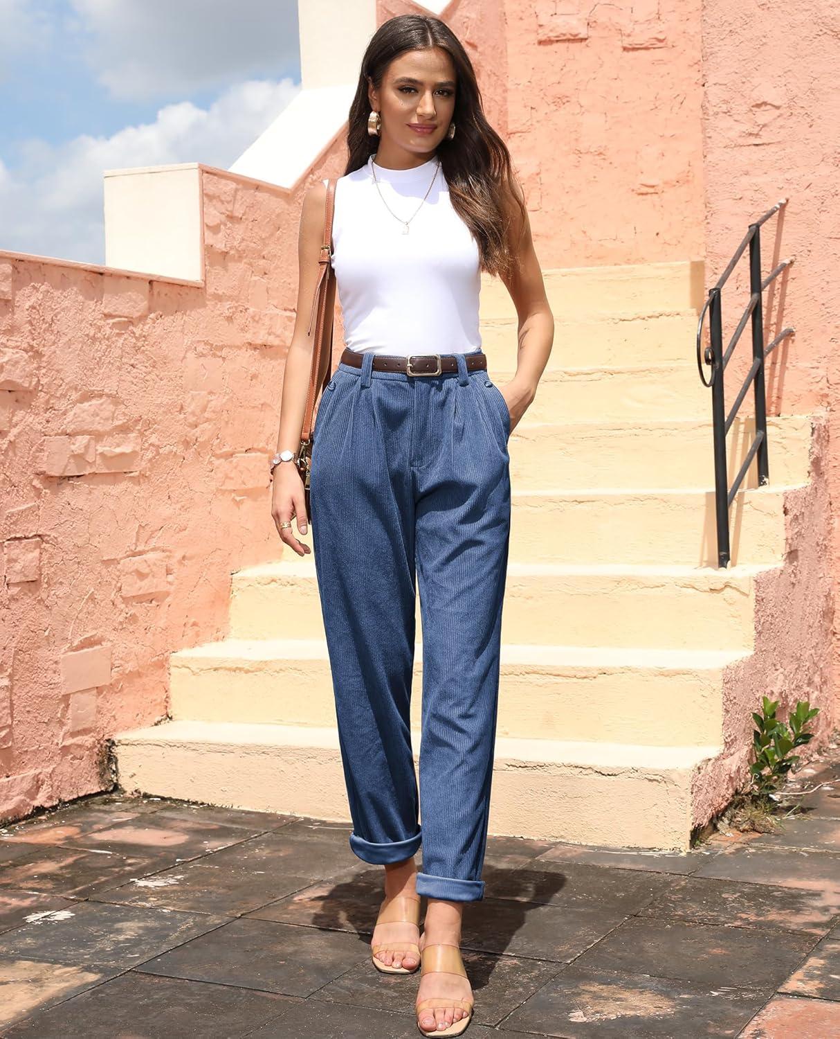 imagesiliteelon Corduroy Pants for Women Cotton Straight High Waist Vintage Trousers with PocketsBlue