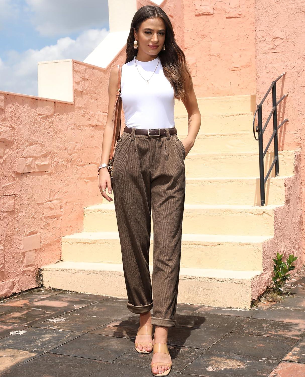 imagesiliteelon Corduroy Pants for Women Cotton Straight High Waist Vintage Trousers with PocketsBrown
