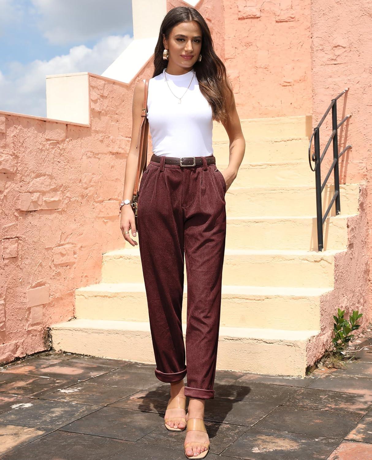 imagesiliteelon Corduroy Pants for Women Cotton Straight High Waist Vintage Trousers with PocketsBurgundy