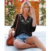 imageWomens Half Sleeve Floral Embroidered Blouse V Neck Ruffle Cotton Boho Summer Business Tops Peasant Blouse Casual TunicsBlack