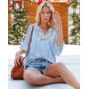 imageWomens Half Sleeve Floral Embroidered Blouse V Neck Ruffle Cotton Boho Summer Business Tops Peasant Blouse Casual TunicsLight Blue