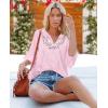 imageWomens Half Sleeve Floral Embroidered Blouse V Neck Ruffle Cotton Boho Summer Business Tops Peasant Blouse Casual TunicsLight Pink
