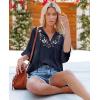 imageWomens Half Sleeve Floral Embroidered Blouse V Neck Ruffle Cotton Boho Summer Business Tops Peasant Blouse Casual TunicsNavy Blue