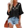 imageWomens Half Sleeve Floral Embroidered Blouse V Neck Ruffle Cotton Boho Summer Business Tops Peasant Blouse Casual TunicsBlack