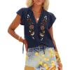 imagesiliteelon Womens Lace Tops Ruffle Short Sleeve Blouses V Neck Embroidered Casual Business Work Summer Crochet TopsNavy Blue