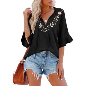 imageWomens Half Sleeve Floral Embroidered Blouse V Neck Ruffle Cotton Boho Summer Business Tops Peasant Blouse Casual TunicsBlack