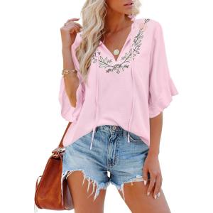 imageWomens Half Sleeve Floral Embroidered Blouse V Neck Ruffle Cotton Boho Summer Business Tops Peasant Blouse Casual TunicsLight Pink