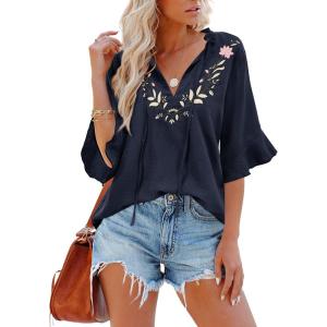 imageWomens Half Sleeve Floral Embroidered Blouse V Neck Ruffle Cotton Boho Summer Business Tops Peasant Blouse Casual TunicsNavy Blue