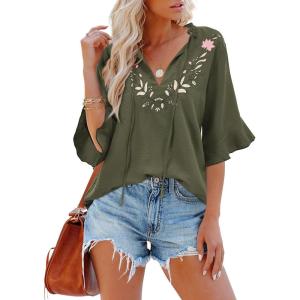 imageWomens Half Sleeve Floral Embroidered Blouse V Neck Ruffle Cotton Boho Summer Business Tops Peasant Blouse Casual TunicsOliver Green