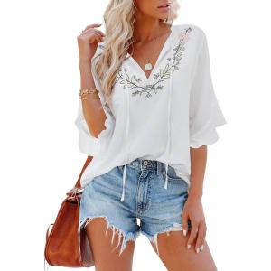 imageWomens Half Sleeve Floral Embroidered Blouse V Neck Ruffle Cotton Boho Summer Business Tops Peasant Blouse Casual TunicsWhite