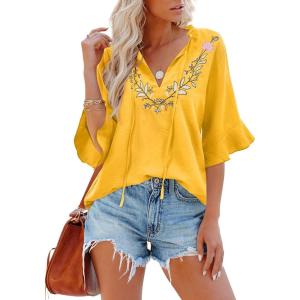 imageWomens Half Sleeve Floral Embroidered Blouse V Neck Ruffle Cotton Boho Summer Business Tops Peasant Blouse Casual TunicsYellow