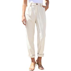 imagesiliteelon Corduroy Pants for Women Cotton Straight High Waist Vintage Trousers with PocketsBeige