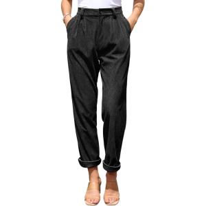 imagesiliteelon Corduroy Pants for Women Cotton Straight High Waist Vintage Trousers with PocketsBlack