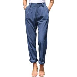 imagesiliteelon Corduroy Pants for Women Cotton Straight High Waist Vintage Trousers with PocketsBlue