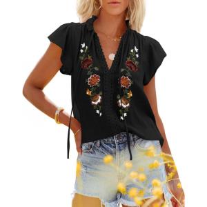 imagesiliteelon Womens Lace Tops Ruffle Short Sleeve Blouses V Neck Embroidered Casual Business Work Summer Crochet TopsA1black