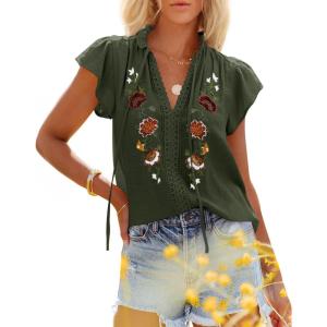 imagesiliteelon Womens Lace Tops Ruffle Short Sleeve Blouses V Neck Embroidered Casual Business Work Summer Crochet TopsArmy Green