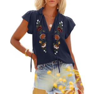imagesiliteelon Womens Lace Tops Ruffle Short Sleeve Blouses V Neck Embroidered Casual Business Work Summer Crochet TopsNavy Blue
